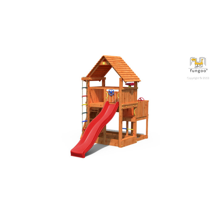 Legeplads Big Leader med rutsjebane, sandkasse, trætrapper og rat Fungoo