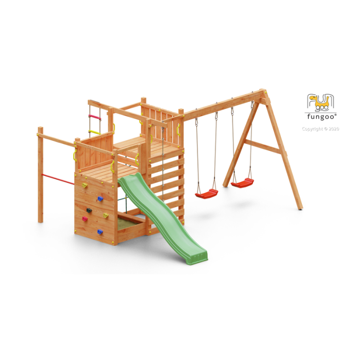 Legeplads Klatrestjerne3 med rutsjebane, klatrevæg, net og sandkasse Fungoo