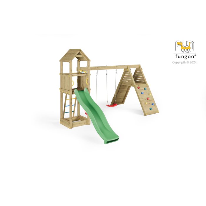 Legeplads Fleppi med dobbelte gynger, klatremodul, sandkasse og rat Fungoo