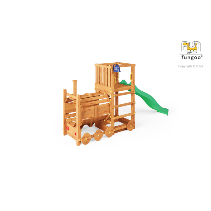 Legeplads Loco med rutsjebane, lokomotiv tunnel, klokke og kompakt design Fungoo